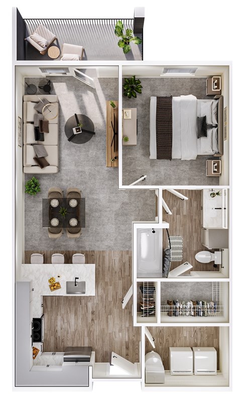 A top-down view of a modern, minimalist bathroom with a shower, sink, and toilet.